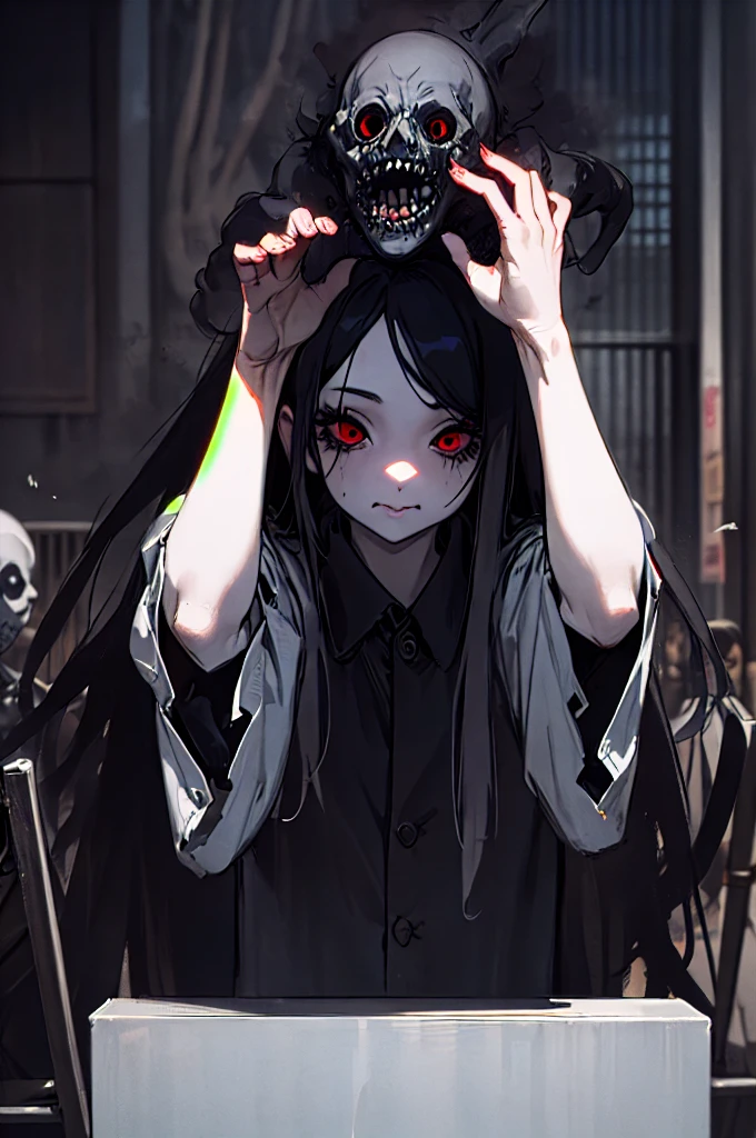 absurd, 1 Girl, Red Eyes, Long hair, Keep your eyes open, eyelash, Looking at the audience, Upper Body, Concept Art, , ghost, hall, horror theme, Strike a pose, crowd