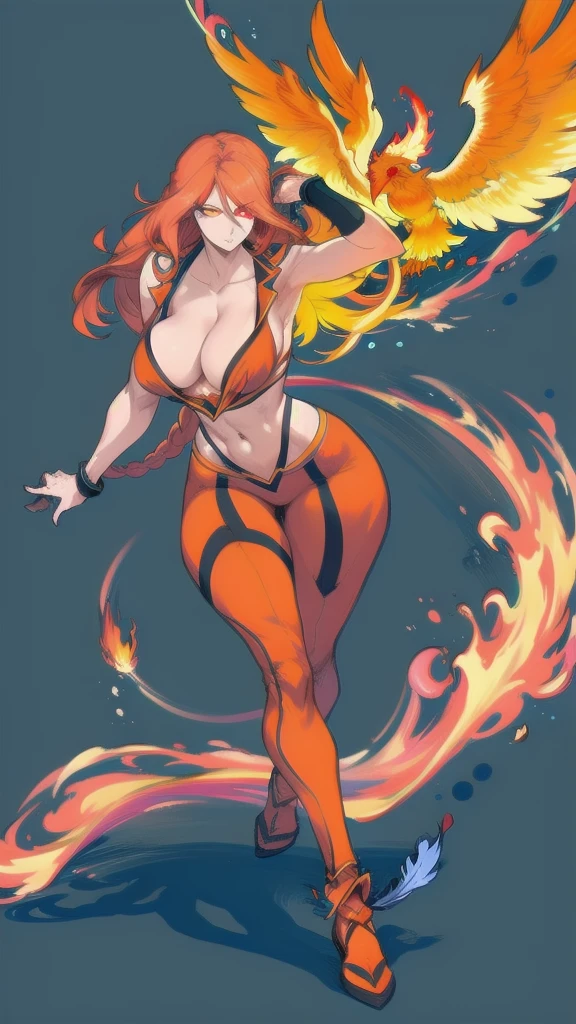 Full body image of a phoenix woman, full body in image, wearing flame-inspired outfit, long hair with phoenix-like features (fiery feathers, glowing eyes), female body, slender and majestic body, dynamic pose, detailed pose, simple background, expressive face showing power, focus on face, line art, sketch
