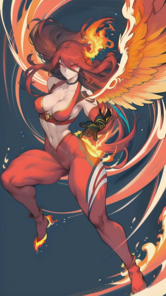 Full body image of a phoenix woman, full body in image, wearing flame-inspired outfit, long hair with phoenix-like features (fiery feathers, glowing eyes), female body, slender and majestic body, dynamic pose, detailed pose, simple background, expressive face showing power, focus on face, line art, sketch
