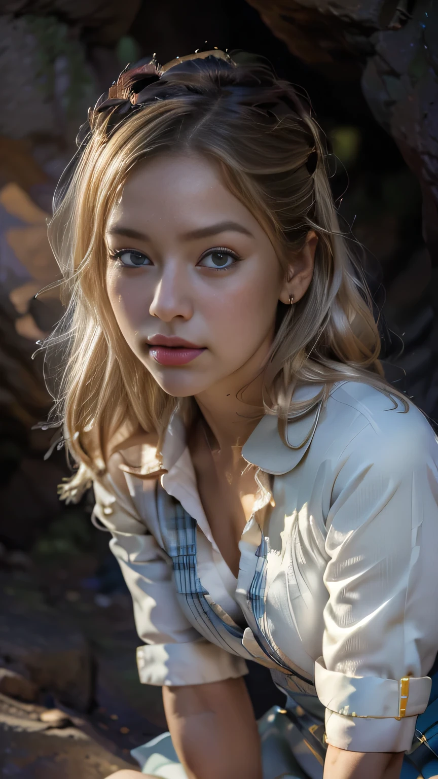 Realistic full body portrait, ruins, biohazard, Alice, zombie game heroine, stunningly beautiful white woman in her 20s holding rifle, translucent white skin, muddy, scratched, mud stained blonde hair and face, torn and tattered clothes, white skin, thighs, smooth skin, isometric detail, stunningly realistic photo, 8K high quality medium dark lighting, high detail, detail eye, detail face
