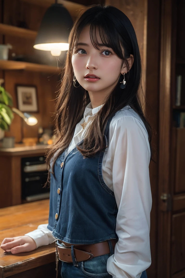 (Highest quality:1.4),(masterpiece:1.4),(Realistic:1.4),(Realistic:1.2),(超High resolution, RAW Photos:1.4),(High resolution, Ultra-detailed:1.2),(8k:1.2),View your viewers,Cinematic photography,One girl,skeletally correct,Black-haired woman,(Small earrings,necklace,Cowgirl Cosplay),(Western-style building interior,Dimly lit room,The lamplight shines on my cheeks)