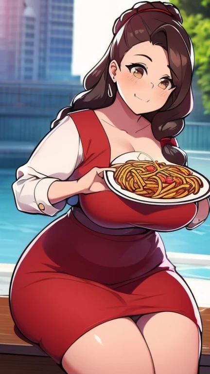 there is a woman sitting at a table Eating food a bowl of food, Mukbang, Eating food, Thin waist and thick hips, Looks realistic, Wonderful lady, Lorena Avarez, profile picture, thicc, Attractive plus size model, Eating food spaghetti from a bowl, Beautiful thick female, Instagram template, Curvy hourglass figure, Eating food outside, Carla Ortiz