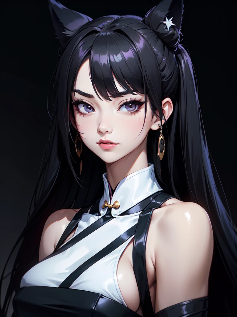 (((Portrait Photo))), She has a Strong, Youthful 18-Year-Old Appearance, with a Muscular Build, a Slender Figure, and a Graceful Demeanor. She has Long Black Hair, Styled in a Twin Odango-Shaped Buns with Pigntails, that Resemble Black Wolf Ears. Her Dark Gray Eyes Sparkle with Elegance, Giving Off a Calm and Self-Confident Attitude. She Wears a Black Traditional Cheongsam with Bare Shoulders and Loose Sleeves. (((High Quality, Dark Background))), (((Portrait Photo)))