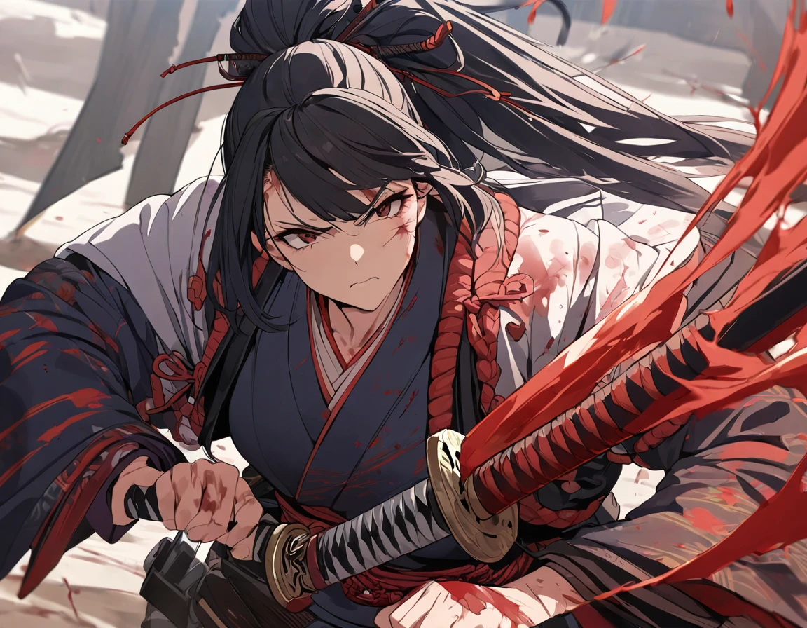 black hair, ponytail, sanpaku, serious, anime style, blending, anatomically correct, super detail, best quality, high details, masterpiece, high quality, accurate, Samurai, Ronin, Kimono, Sword-wielding, Running through the battlefield, Flameout, Covered in blood and covered in wounds