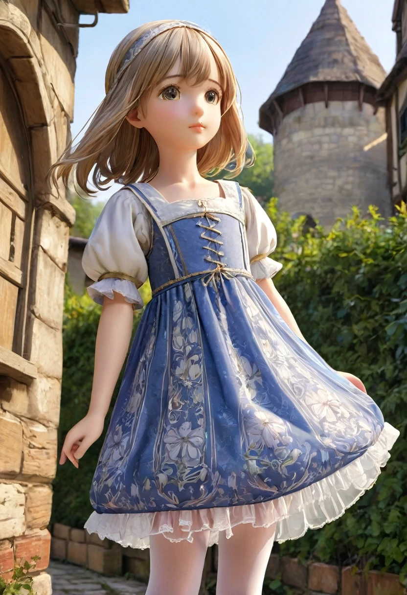  girl underwear, Realistic bloomers made from patterned cotton fabric, Medieval one-piece dress with panniers, Fabric Realism, Low - Angle, You can see the drawer, Pull up the dress by hand, Strong winds, Translucent slip, Translucent slip, tights, Highest quality, Crotch close-up, whole body
