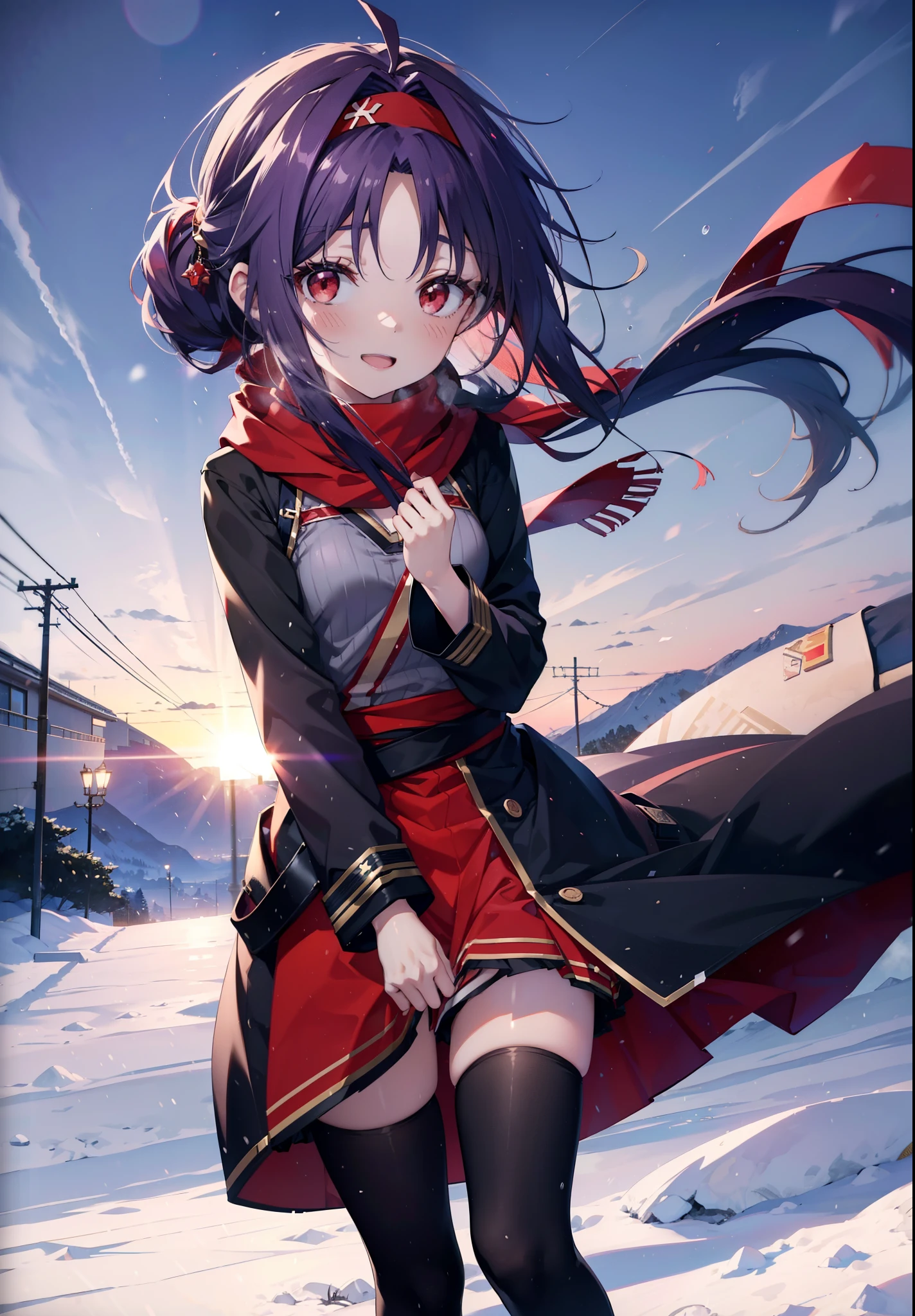 yuukikonno, Konno Yuuki, Long Hair, Pointed Ears, Purple Hair, (Red eyes:1.5), (Small breasts:1.2), Open your mouth,happy smile, smile, Open your mouth,hair band,low ponytail,Red Scarf,Purple long coat,V-neck sweater,Long skirt,Black pantyhose,short boots,snowが降っている,snowが降り積もっている,snow,snow,snow,snow,winter,Cold night,Walking,whole bodyがイラストに入るように,Looking down from above,
break looking at viewer, whole body,
break outdoors, In town,
break (masterpiece:1.2), Highest quality, High resolution, unity 8k wallpaper, (figure:0.8), (Beautiful attention to detail:1.6), Highly detailed face, Perfect lighting, Highly detailed CG, (Perfect hands, Perfect Anatomy),