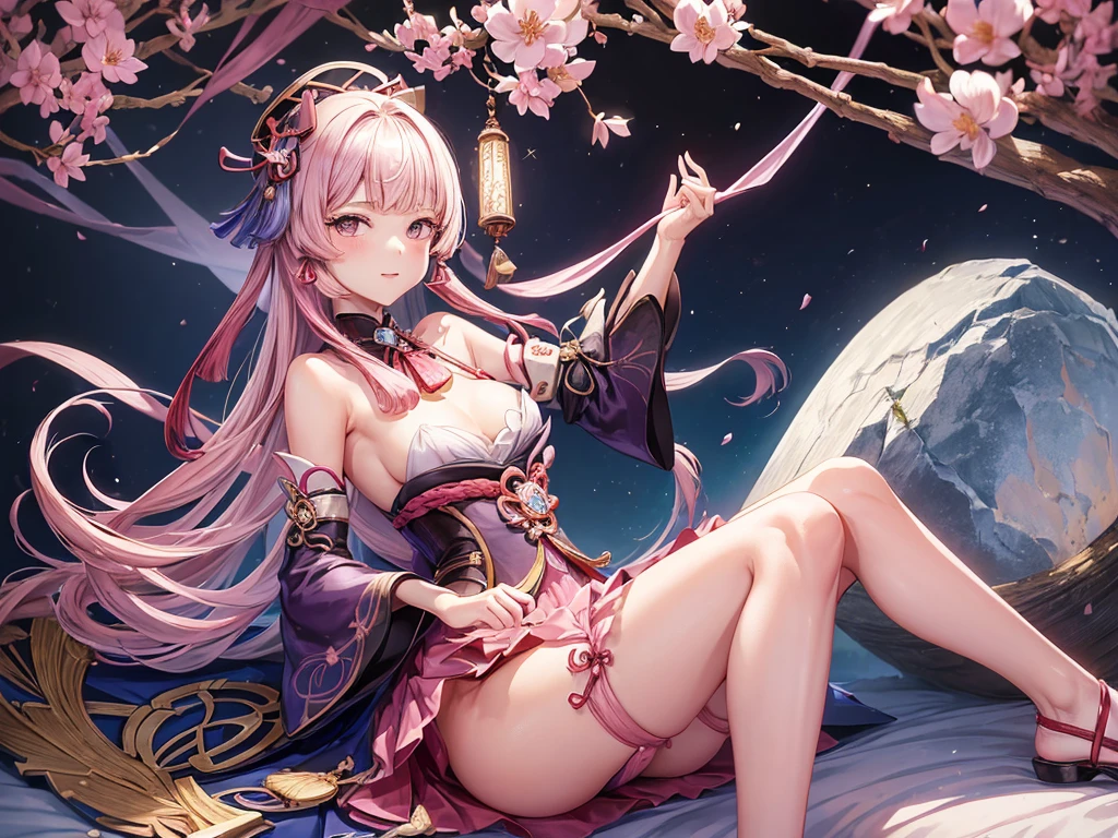 (((depict Ayaka from genshin impact))), la femme porte des vêtements de femme de chambre debout sur le sol, seulement, culotte, sous-vêtement, jupe, (Shiny dark pink satin lace culotte:1.3)、culotte that cover the butt、porte-jarretelles, couché, hauts de cuisse, jupe lift, Regarder en arrière, Réaliste, (((top-quality, masterpiece))), (( lot of details)), small breasts, nice hips, open shoulder,  (Masterpiece, Excellent, complex details), delicate girl, delicate face, happy smille