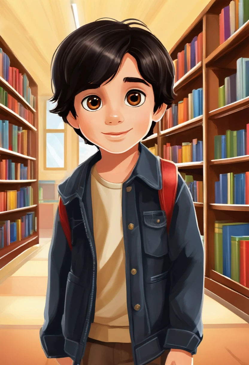 Make a picture of a seven year old boy with dark black hair and brown eyes, in a library