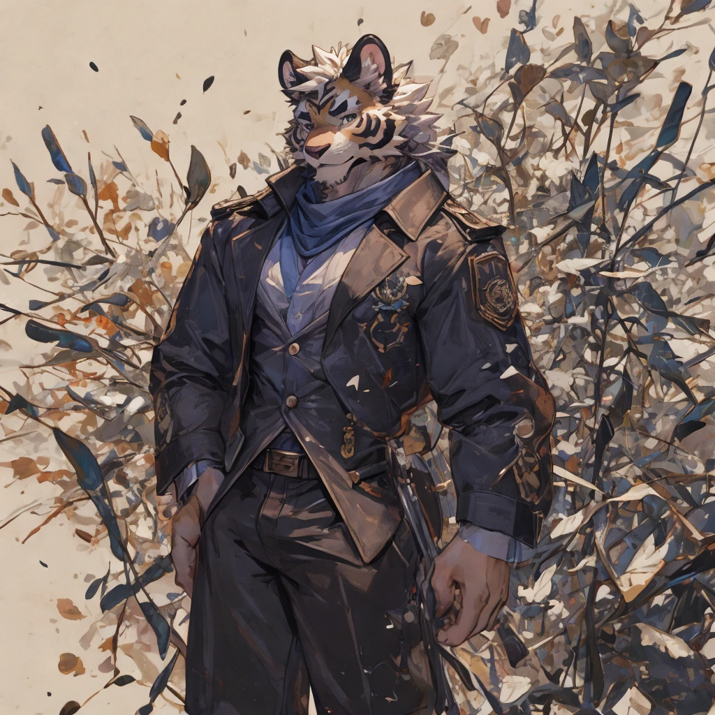{{bara extremely handsome white tiger,}} {{white fur,}} white, professional model like, wearing elegant ornate suit jacket, trousers, white dress shirt and necktie, white fluffy furry body and limbs, loafers, very tall, very broad shoulders, narrow waist, muscular arms, massive pecs, purple eyes, very long legs, massive bulge, sophisticated hot look, 3/4 view, best quality, high detail, CG image, character splash art, silver earring on left ear, sultry smirk