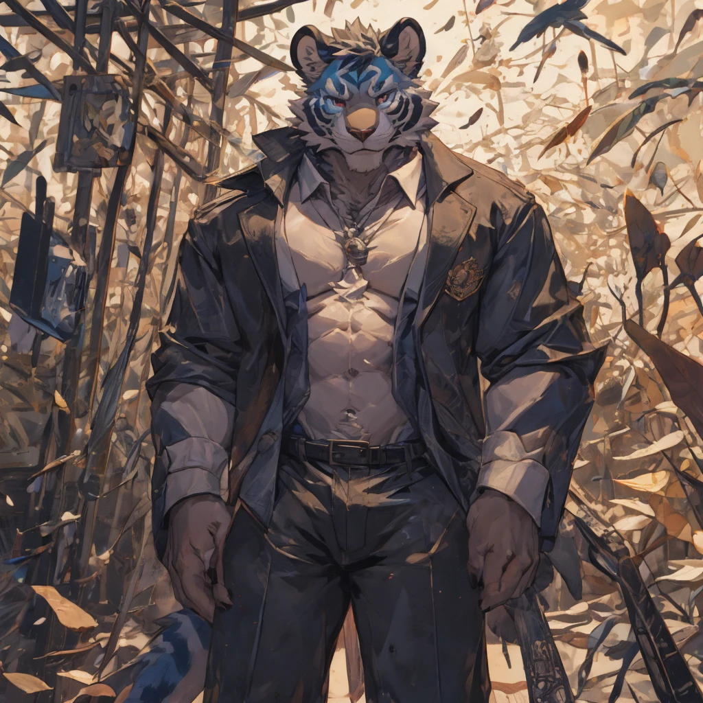 {{bara extremely handsome white tiger,}} {{white fur,}} white, professional model like, wearing elegant ornate suit jacket, trousers, white dress shirt and necktie, white fluffy furry body and limbs, loafers, very tall, very broad shoulders, narrow waist, muscular arms, massive pecs, purple eyes, very long legs, massive bulge, sophisticated hot look, 3/4 view, best quality, high detail, CG image, character splash art, silver earring on left ear, sultry smirk