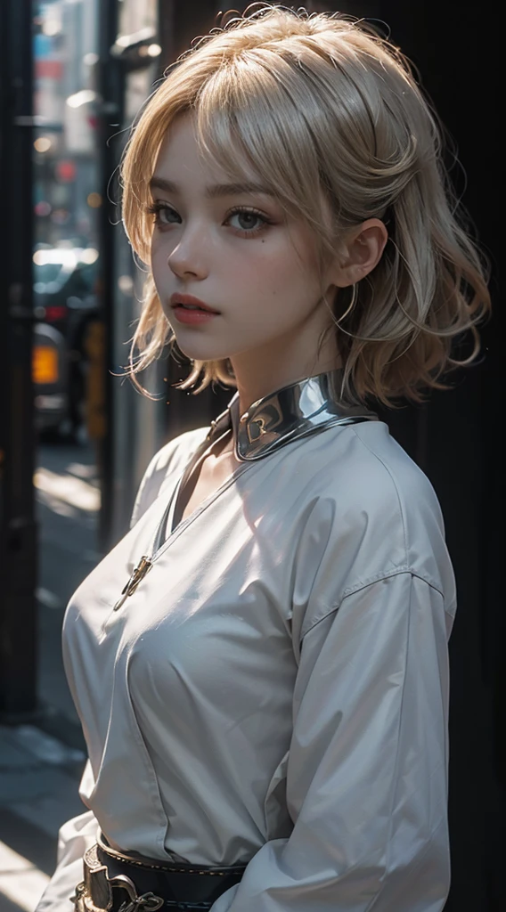 (Highly detailed CG Unity 8k wallpaper, masterpiece, Highest quality), (Exquisite light and shadow, Very dramatic photo, Cinema Lens Effects, look up), Girl with blonde hair and white latex outfit, Japanese Goddess, ((Stainless Steel Skin))、Kuyama Zhao'Work style、Silver grey hair color, From a parallel universe,miracle, leap, Dynamic pose), (Great details, Excellent lighting, Wide-angle), (Excellent rendering, Stands out among similar products), Check out the gold and white latex costume, Have a sufficiently complex texture,Full body stainless steel reflective material
