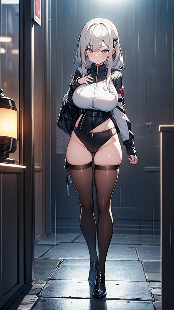 Full body image, フロント, One girl, 18-year-old, Mix 4, (32k, RAW Photos, Highest quality, masterpiece:1.2), (Anime-like, photoAnime-like:1.37), cute, ミニスカートのドレス, night, rain, Humidity, Professional Lighting, Photon Mapping, Radio City, Physically Based Rendering, Super Resolution, (Big Breasts:1.2), {{The biological weapon that had preyed on the younger sister took her place and reunited with the older brother.}}, Girl Skull, whole body, NSFW