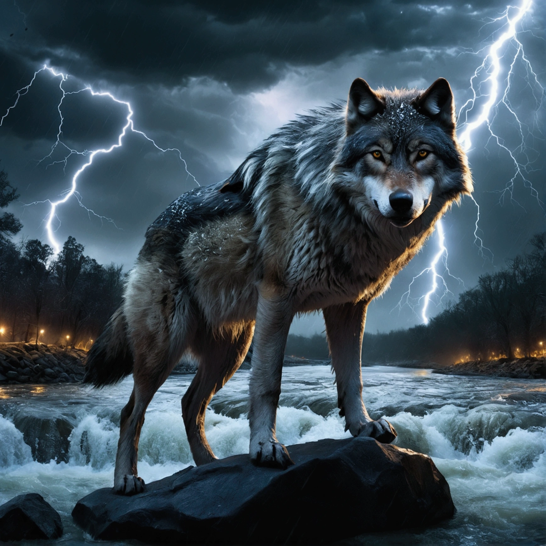 Wolf God, surreal, tense, cold, highly detailed, sharp, professional, 8k UHD, movie, dark, violent, outdoor, river, battle, chase, dramatic, vivid, tense atmosphere, rendering, epic, twilight, HDR, album cover, blizzard, lightning, disaster