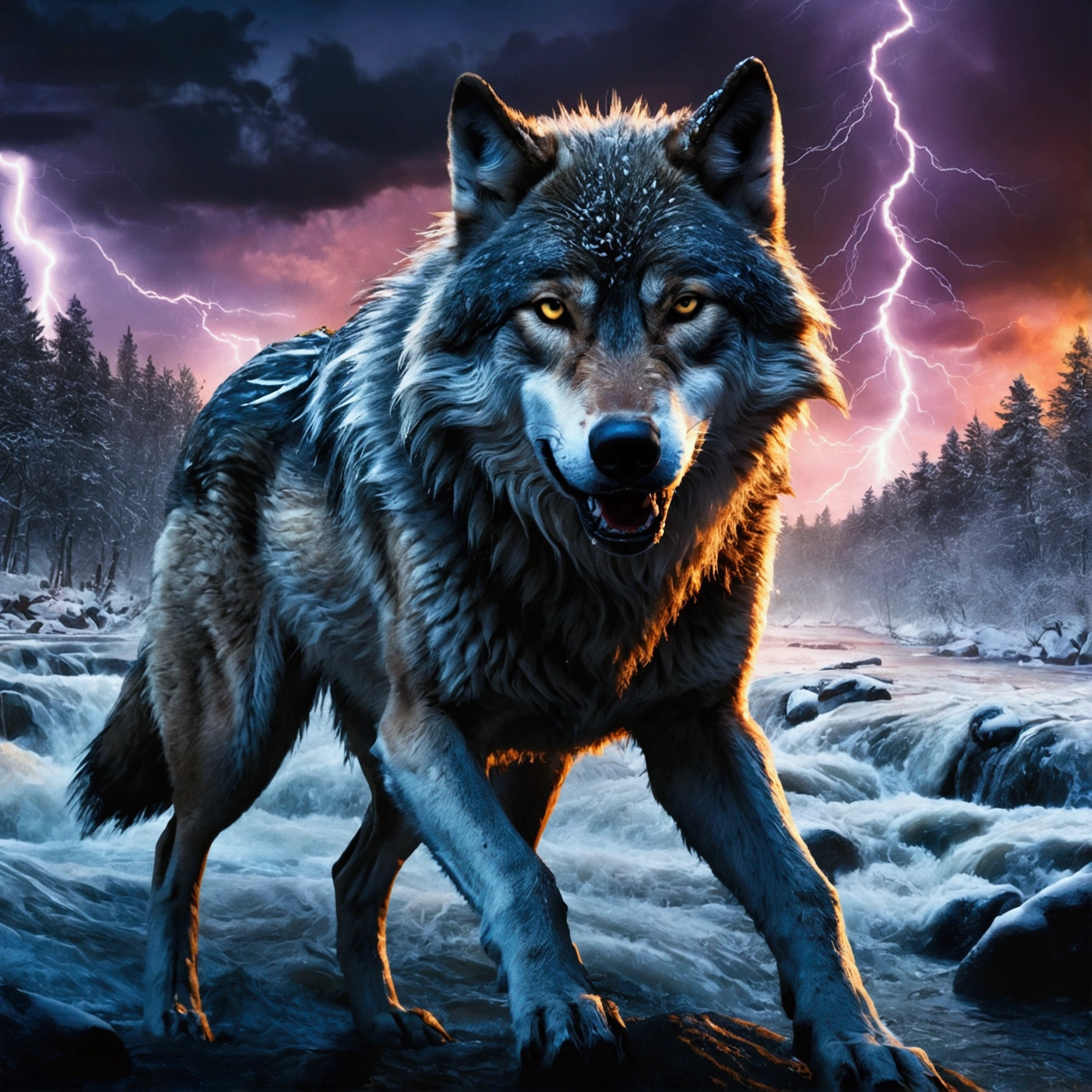 Wolf God, surreal, tense, cold, highly detailed, sharp, professional, 8k UHD, movie, dark, violent, outdoor, river, battle, chase, dramatic, vivid, tense atmosphere, rendering, epic, twilight, HDR, album cover, blizzard, lightning, disaster