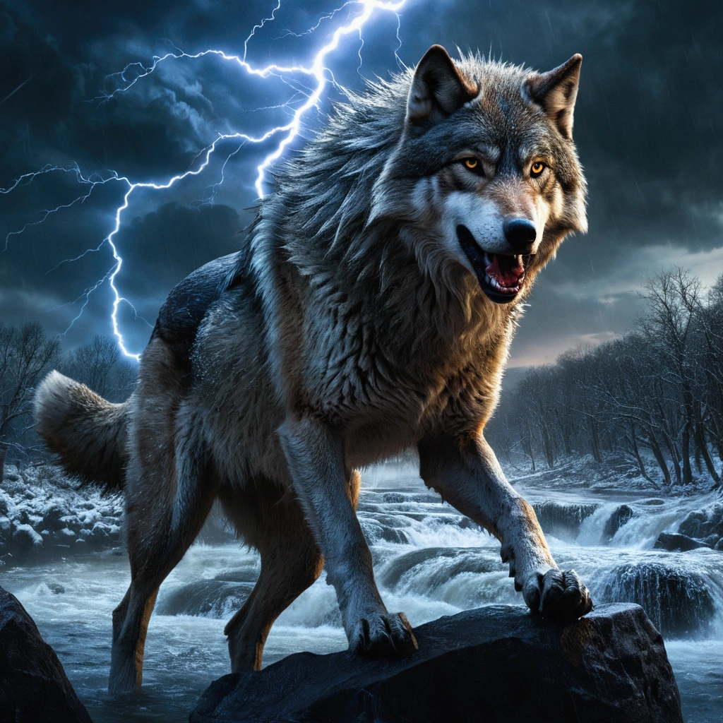 Wolf God, surreal, tense, cold, highly detailed, sharp, professional, 8k UHD, movie, dark, violent, outdoor, river, battle, chase, dramatic, vivid, tense atmosphere, rendering, epic, twilight, HDR, album cover, blizzard, lightning, disaster