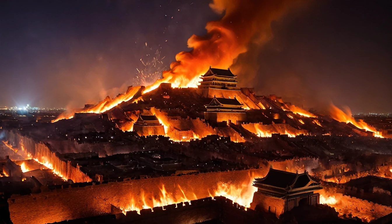 ,dark night sky,fiery inferno,flames engulfing ancient Chinese architectures,Beijing city,ancient city,ruins,explosion,Shattering,traditional Chinese elements