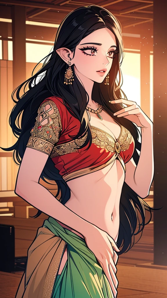 extremely bold Tamil girl, 25year old, medium breast, looks fair, black hair, fir body, Outdoor photoshoot, (ultra realistic:1.37), (extremely believable:1.6 picture) (intricate beautiful details of faces & eyes & ears & nose & lips & skin & body parts), , long black hair, 36D, round deep navel, (wearing:1.6 glamorous saree, blouse, petticoat), good makeup, quality clothing brands, stylish footwears, beautiful background, minimal ornaments, vibrant colors hyper maximalized objects, cinematic lighting effects, HDR, hyper realistic, yocto-pixel detailing, yotta-pixel image