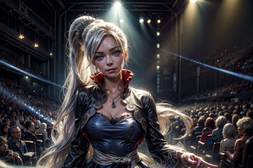 (masterpiece, best quality:1.2), cowboy shot, weissvale, smile, closed mouth, looking at viewer, long white hair, side ponytail, scar above eye, scar below eye, blue ballroom dress, jewelry, necklace, earrings, future_urban, standing in theater, on stage, orchestra, audience, crowd, (volumetric lighting), intricate details, tonemapping, sharp focus, hyper detailed