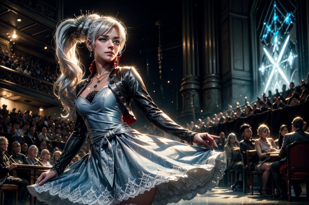 (masterpiece, best quality:1.2), cowboy shot, weissvale, smile, closed mouth, looking at viewer, long white hair, side ponytail, scar above eye, scar below eye, blue ballroom dress, jewelry, necklace, earrings, future_urban, standing in theater, on stage, orchestra, audience, crowd, (volumetric lighting), intricate details, tonemapping, sharp focus, hyper detailed