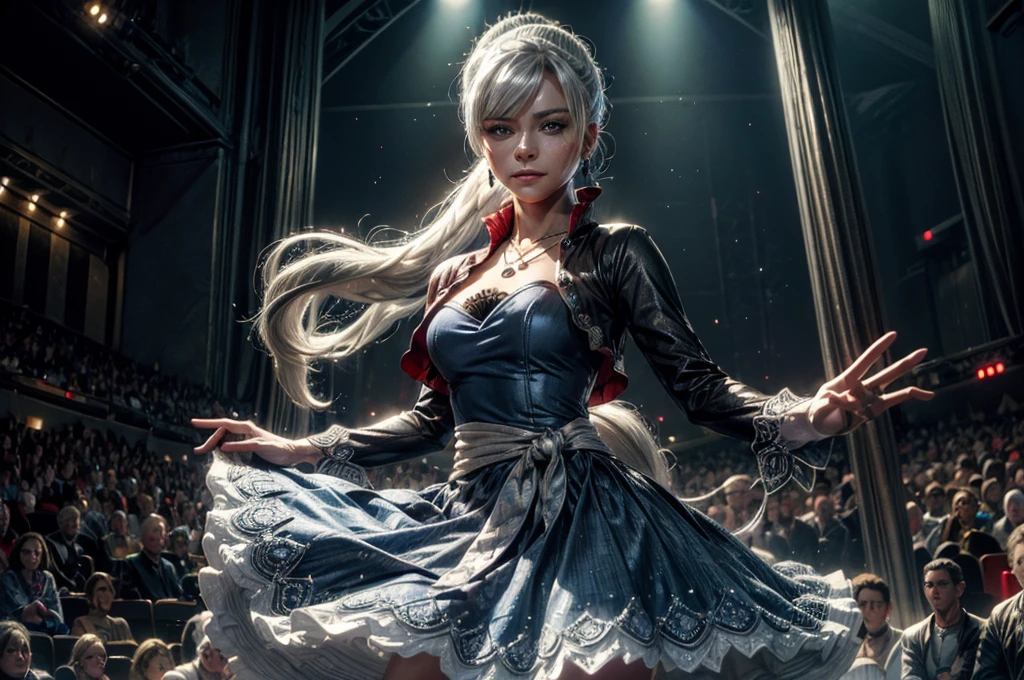 (masterpiece, best quality:1.2), cowboy shot, weissvale, smile, closed mouth, looking at viewer, long white hair, side ponytail, scar above eye, scar below eye, blue ballroom dress, jewelry, necklace, earrings, future_urban, standing in theater, on stage, orchestra, audience, crowd, (volumetric lighting), intricate details, tonemapping, sharp focus, hyper detailed