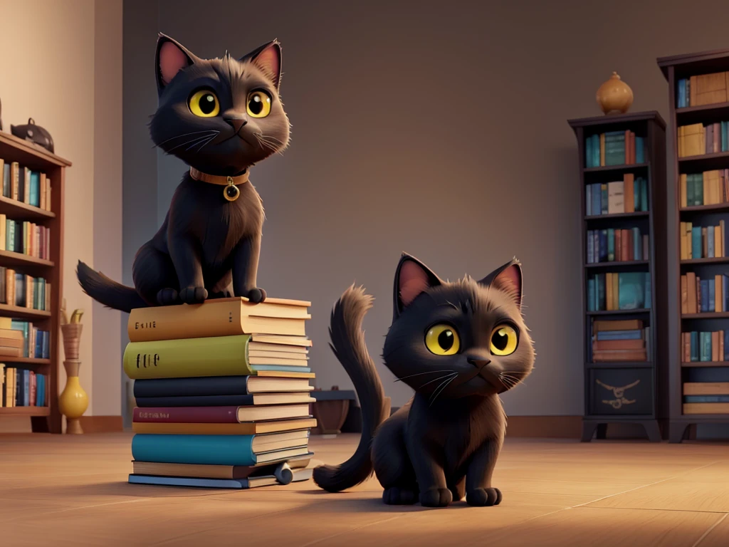 2. *A sleek black cat sitting on a bookshelf surrounded by colorful books:*
   - *Color:* Solid black with shiny fur.
   - *Size:* Medium-sized.
   - *Eyes:* Intense yellow eyes gazing at the viewer.
   - *Facial Expression:* Alert, ears slightly forward, tail curled gracefully around its feet.
