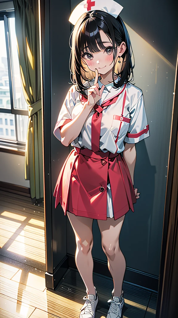 (8k, RAW Photos, 最high quality, masterpiece:1.2), high qualityのRAWカラー写真, Professional photo shoot, Cinematic Light, alone, (((young woman, Gal))), (Sharp features), (Small face), (Skin with attention to detail:1.2), clavicle, Cute Face, Beautiful appearance, Long eyelashes,Girl Turning Around, smile, (Black Hair, Tied Hair), ((nurse, mini skirt)), White sneakers,,Embarrassed, Artistic painting,Attractive thighs, (Very nice touch:1.2),はにかんだsmile), Peaceful atmosphere, Oil painting style, Bright colors, (Are standing:1.5, Inside the hospital, Full body portrait), Smooth texture, Gazing Eyes, Beautiful Skin, Glowing Skin, ((Perfect Fingers, Five Fingers, Anatomically correct)), Background Blur, high quality, Surreal, ((Very detailed, photo shoot)),Many people々、blush、Plump、ピッタリとしたエッチなnurse服、白いnurse服、nurse、mini skirt、Full Body Shot、hospital