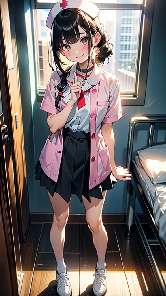 (8k, RAW Photos, 最high quality, masterpiece:1.2), high qualityのRAWカラー写真, Professional photo shoot, Cinematic Light, alone, (((young woman, Gal))), (Sharp features), (Small face), (Skin with attention to detail:1.2), clavicle, Cute Face, Beautiful appearance, Long eyelashes,Girl Turning Around, smile, (Black Hair, Tied Hair), ((nurse, mini skirt)), White sneakers,,Embarrassed, Artistic painting,Attractive thighs, (Very nice touch:1.2),はにかんだsmile), Peaceful atmosphere, Oil painting style, Bright colors, (Are standing:1.5, Inside the hospital, Full body portrait), Smooth texture, Gazing Eyes, Beautiful Skin, Glowing Skin, ((Perfect Fingers, Five Fingers, Anatomically correct)), Background Blur, high quality, Surreal, ((Very detailed, photo shoot)),Many people々、blush、Plump、ピッタリとしたエッチなnurse服、白いnurse服、nurse、mini skirt、Full Body Shot、hospital
