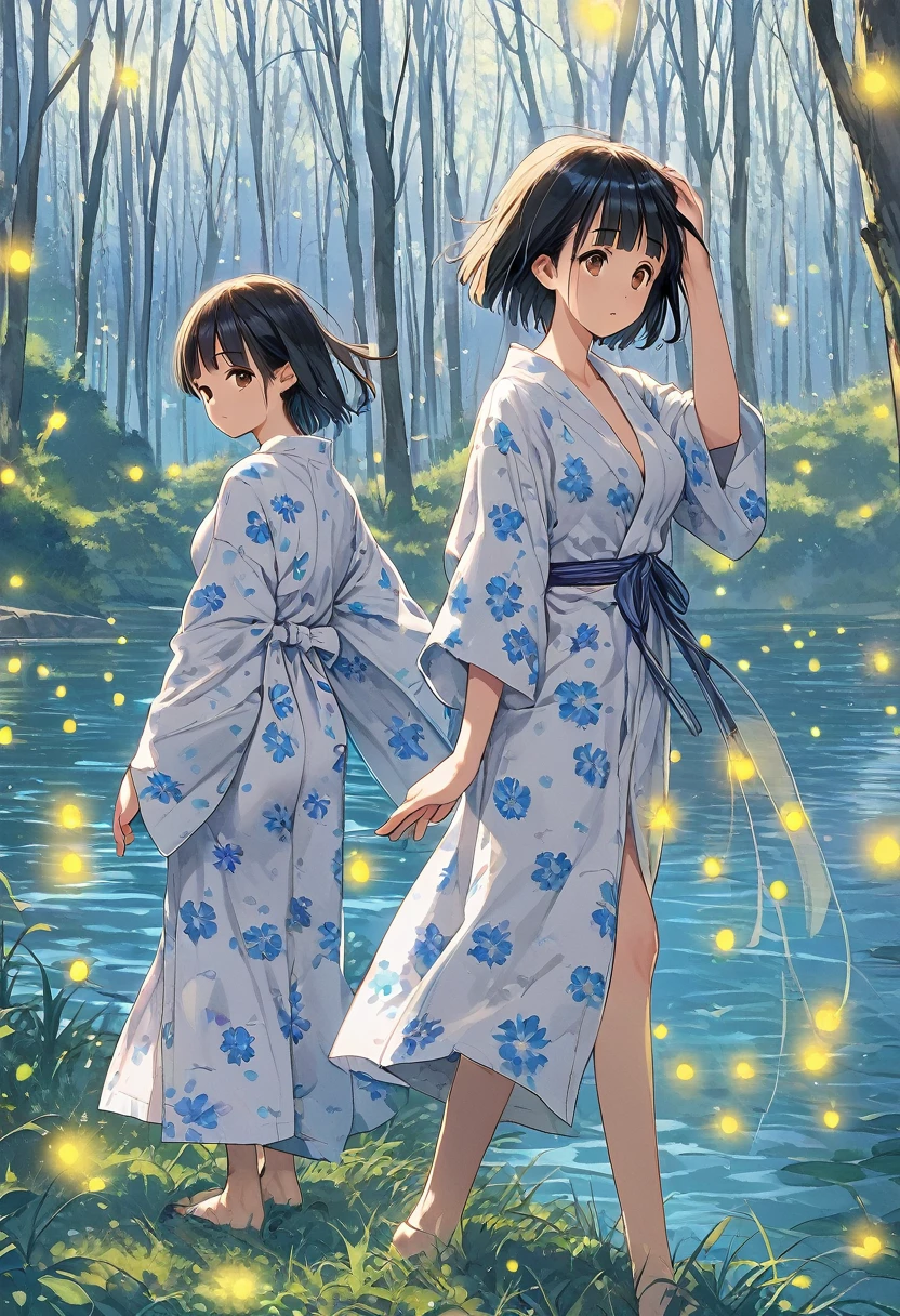 score_9,score_8_up,score_7_up,masterpiece,best quality, source anime, realistic, super detailed, extreme detailed, rating_safe,
1girl, standing, hand in hair, from side, 
BREAK girl, 22yo, short hair, bob cut, (blunt bangs), black hair, (tareme, detailed cute brown eyes), curled eyelashes, (large breasts:0.9), 
shiny hair, beautiful detailed eyes, beautiful face,
slender, small ass, slim legs,
yukata,  
(sad:0.5), parted lips,
outdoors, summer, night, river, bank, grass, wind, (firefly:1.4), 
