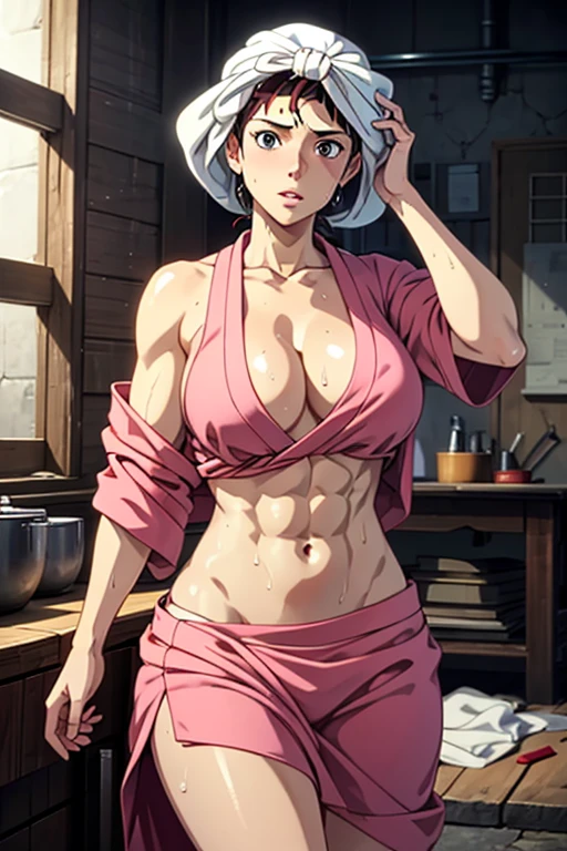 masterpiece, Highest quality,  Unreal Engine,  Super Resolution,  Very detailed, 

1 girl, of course,1 female, Wrap a towel around your head, Pink kimono, Cleavage, barefoot, Physical Beauty, Abdominal muscles, (Muscular:0.8), (Big Breasts), bold, Lips parted,  Observe the audience, 

In a dynamic pose,  Cowboy Shot, 

The World of Princess Mononoke, A scene from the workshop,  Key Visual, 

((Sticky with sweat)),