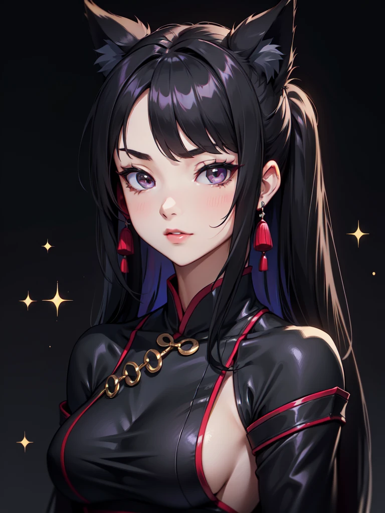 (((Portrait Photo))), She has a Strong, Youthful 18-Year-Old Appearance, with a Muscular Build, a Slender Figure, and a Graceful Demeanor. She has Long Black Hair, Styled in a Twin Odango-Shaped Buns with Pigntails, that Resemble Black Wolf Ears. Her Dark Gray Eyes Sparkle with Elegance, Giving Off a Calm and Self-Confident Attitude. She Wears a Black Traditional Cheongsam with Bare Shoulders and Loose Sleeves. (((High Quality, Dark Background))), (((Portrait Photo)))