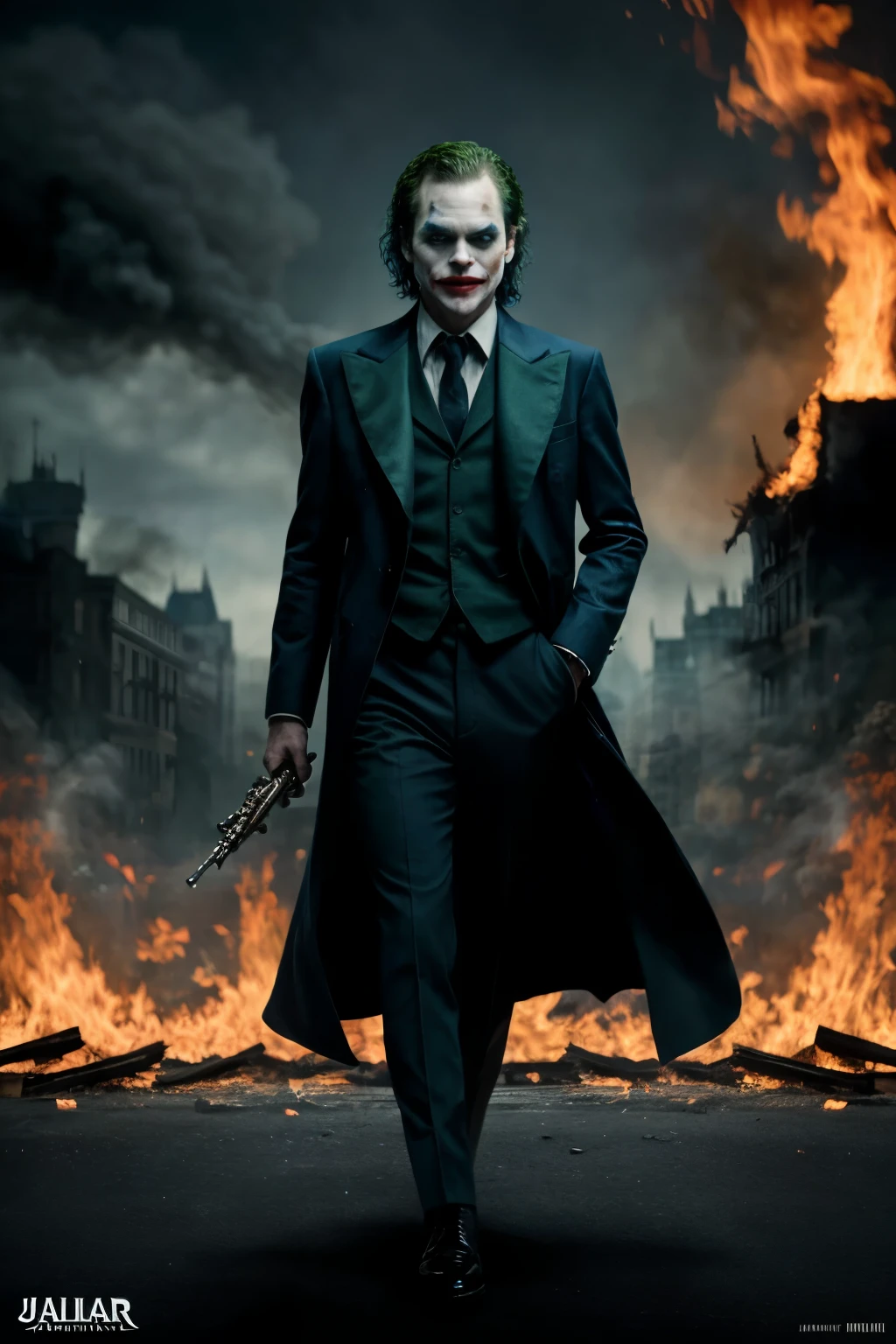 ((best quality)), ((masterpiece)), (full body detailed), joker movie, dancing in the fire at the broken buildings