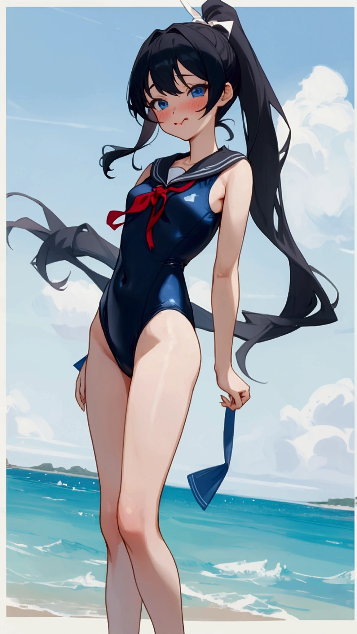 One girl, masterpiece, High resolution, Anatomically correct, ponytail, Blushing, blue eyes, tongue, ribbon, far and near method, Anime Style, Black Hair, Long Hair, Feet out of frame, Sailor suit style swimsuit