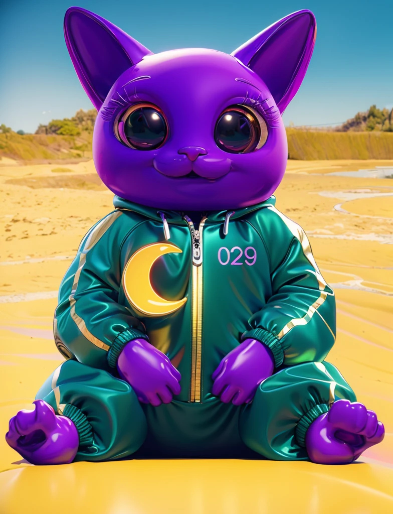 This image shows a purple cat wearing a green jacket with a yellow crescent moon on it.3d render, glossy texture, smooth 3d model, multiple light sources, rim light, sharp post effects render, (glossy plastic texture with multiple big light probe refractions), perfect cgi, smooth silhouette, high intensity refraction, (super glossy material), most beautiful vfx , blue background, plastic refractions, realistic, 4k, high resolution, rim light, photo shoot, commercial photo, profile shot, 4k, rim light, high resolution, 4k, glossy texture, smooth 3d model, multiple light sources, rim light, sharp post effects render, (glossy metallic texture with multiple big light probe refractions), perfect cgi, cgi art created only with gradients, smooth silhouette, high intensity refraction, (super glossy chrome material), most beautiful vfx, blue background, chrome metal refractions, multiple light sources, rim light, sharp post effects render, perfect cgi, digital art, detailed digital art, reflective, best quality, 4k, masterpiece:1.2, ultra-detailed, realistic, vivid colors, dark and moody lighting, The image of the highest quality, ensuring every detail is showcased perfectly. It in 4k resolution, allowing viewers to immerse themselves in the richness of the colors and intricate details. The realistic rendering. under the spotlight, reflecting, high-resolution image, realistic rendering, dark background, and rim light photorealistic The image features three characters standing in front of three houses. The characters are a red-haired mermaid, a purple cat, and an orange dog. They are each holding a yellow maraca