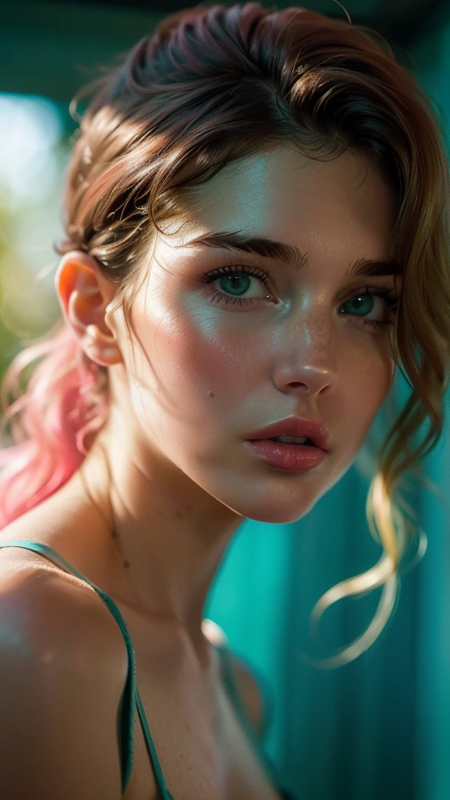 (((Ultra-realistic))) photograph, masterpiece, Highest quality, (green白い肌), (Highly detailed face and eyes:1.3), 1 girl, Adult, In a bikini ((eye make up, Pink Mascara)), ((Big and thin lips)), ((Pink wavy hair)), ((Stylish hairstyle)) , (Natural Breasts), (Narrow waist). ((Pause)), photograph撮影, (soft) Lighting, (Play of light and shadow), Depth of written boundary, Bokeh, (Attention to detail of skin: 1.2), Detailed leather texture, Skin pores. (The erotic atmosphere of the frame. Color scheme - Turquoise, yellow, green, Ton), dr, ((Film Grain)), ((light)), (Glare), ((Upper body portrait)) , Super detailed,