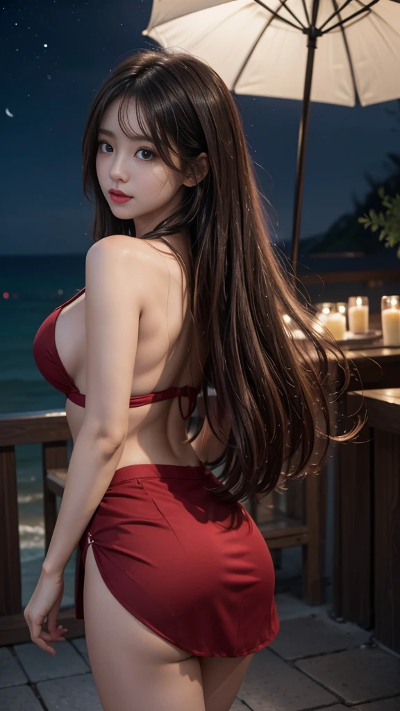 full hd 8k, Girl standing in front of a dark night scene, full moonlight reflecting on her beautiful face. ((from back)), Her long, silky hair was gently blown by the night wind, creating a gentle and romantic feeling. She is walking on a large beach. She looked up at the starry sky, as if searching for something, her eyes showing a pensive and lonely look. The full moon shines in the night sky creating a beautiful scene. The girl has long, strands of hair, a luxurious and noble beauty. The moonlight shines on the girl's delicate face, highlighting her large, round light brown eyes, creating a natural, gentle beauty. She wore a mini red skirt to create a sexy beauty. These images capture detailed panoramic portraits and views of the sky and sea. All create a beautiful, wonderful picture that makes people unable to take their eyes off the scene. All of these details are depicted clearly and sharply,