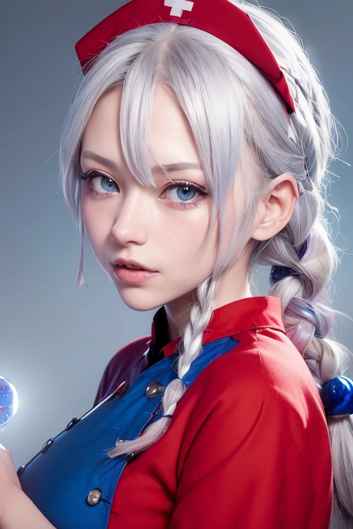 RAW Photos, ((((Extreme beauty portrait))), touhou series, 1 Female, View your viewers, beautiful, anime, roller,1 Female, Silver Hair, Braid, Nurse cap, Red and blue clothes, Long skirt, (Nearby crystal balls),