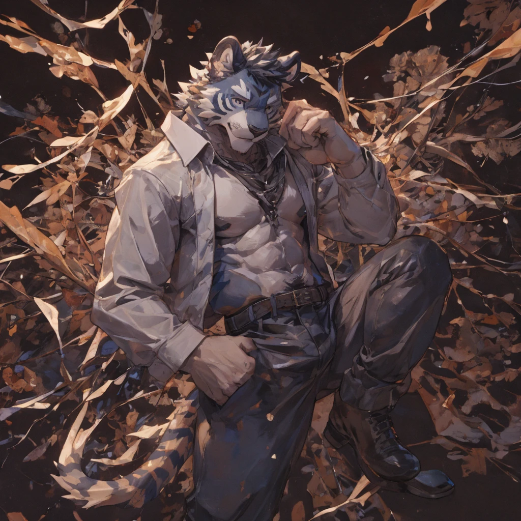 {{bara extremely handsome white tiger,}} {{white fur,}} white, professional model like, wearing elegant ornate suit jacket, trousers, white dress shirt and necktie, white fluffy furry body and limbs, loafers, very tall, very broad shoulders, narrow waist, muscular arms, massive pecs, purple eyes, very long legs, massive bulge, sophisticated hot look, 3/4 view, best quality, high detail, CG image, character splash art, silver earring on left ear, sultry smirk