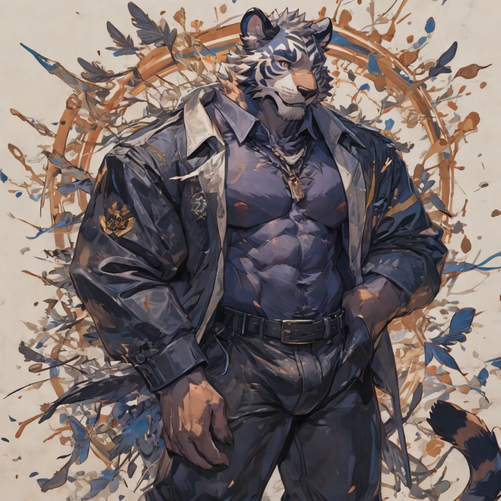 {{bara extremely handsome white tiger,}} {{white fur,}} white, professional model like, wearing elegant ornate suit jacket, trousers, white dress shirt and necktie, white fluffy furry body and limbs, loafers, very tall, very broad shoulders, narrow waist, muscular arms, massive pecs, purple eyes, very long legs, massive bulge, sophisticated hot look, 3/4 view, best quality, high detail, CG image, character splash art, silver earring on left ear, sultry smirk