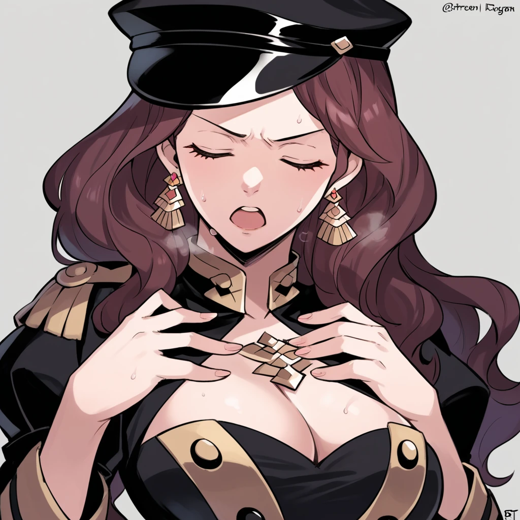 score_9, score_8_up, score_7_up, source_anime, Dorothea (Fire Emblem), bust shot, mldortgm, black headwear, (black uniform), brown hair, dangle earrings, gold trim, closed eyes, jewelry, large breasts, cleavage, long hair, black peaked cap, black hat, serious facial expression, heavy breathing, open mouth, sweat, hands on chest, looking down