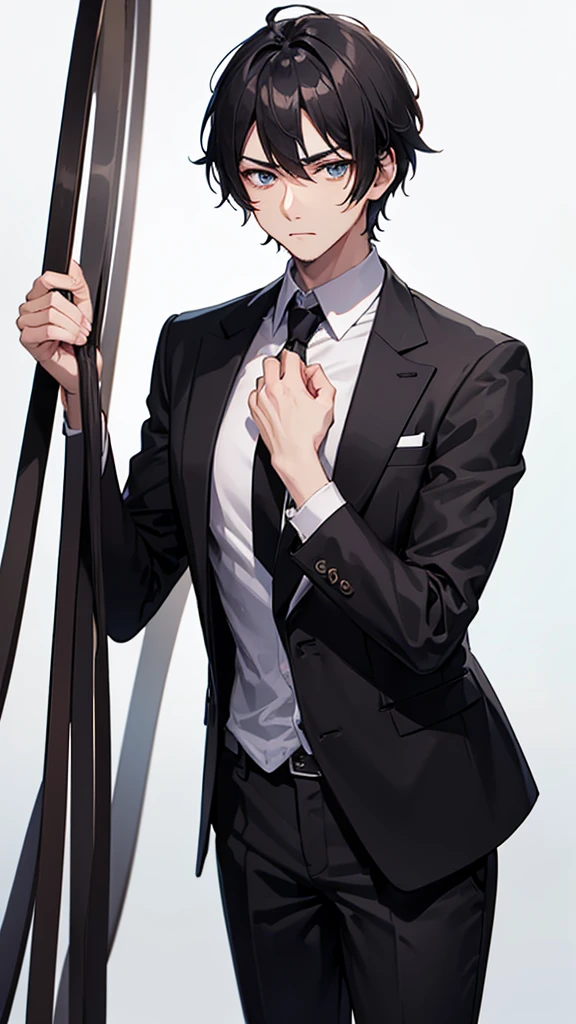 male、30 years old、less beard、Tired face、Glaring eyes、Long bangs、7:3 parting、Shot from the thigh up、Are standing、looking at the camera、Plain white background、Black business suit、High quality