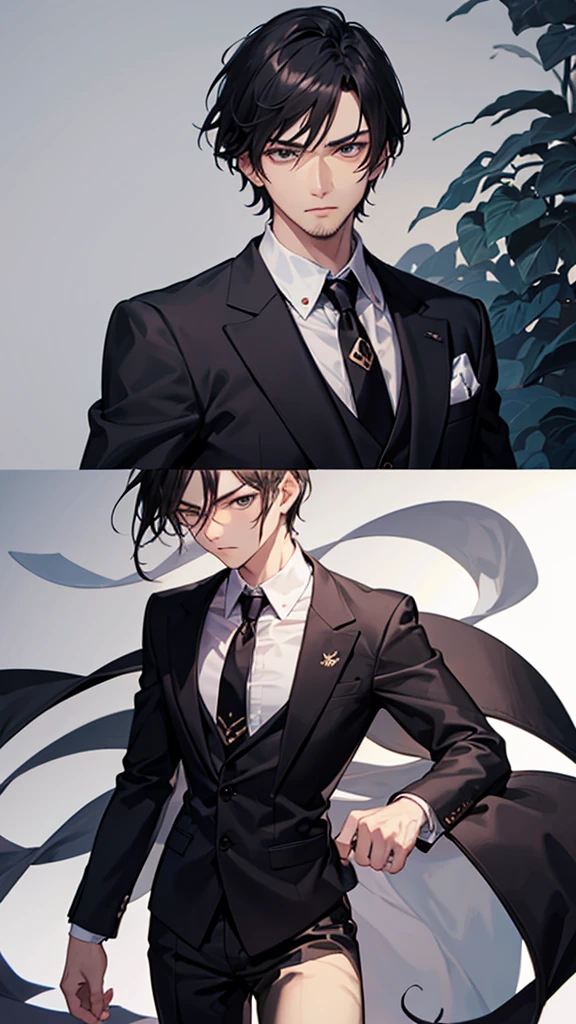 male、30 years old、less beard、Tired face、Glaring eyes、Long bangs、7:3 parting、Shot from the thigh up、Are standing、looking at the camera、Plain white background、Black business suit、High quality
