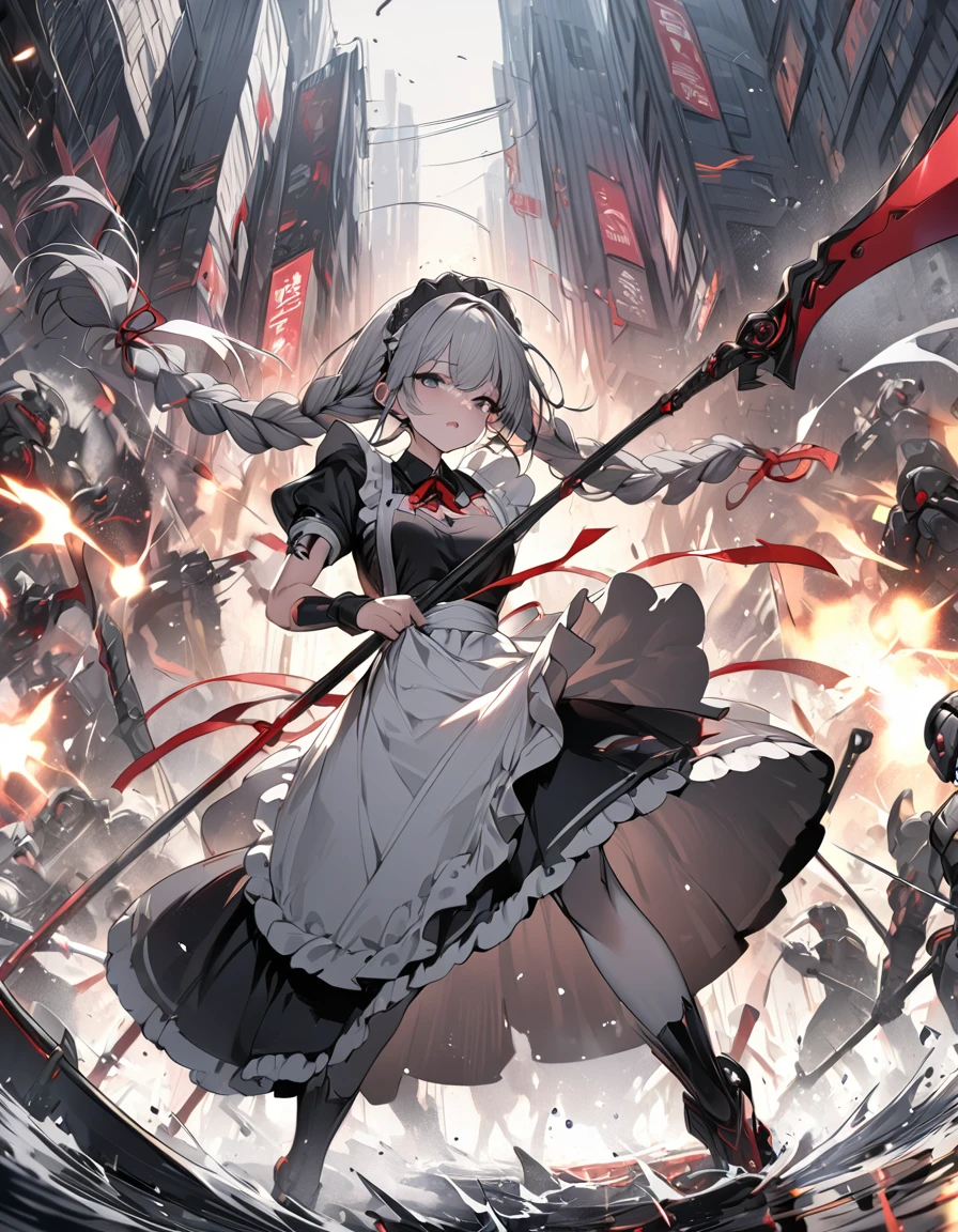 Highest quality　masterpiece　High resolution　masterpiece　Gray Hair　french braids　Dark Eyes　Maid-type Android　Wields a large red-bladed scythe　Battle Scenes　Motion Blur　Wide View　Uplifting