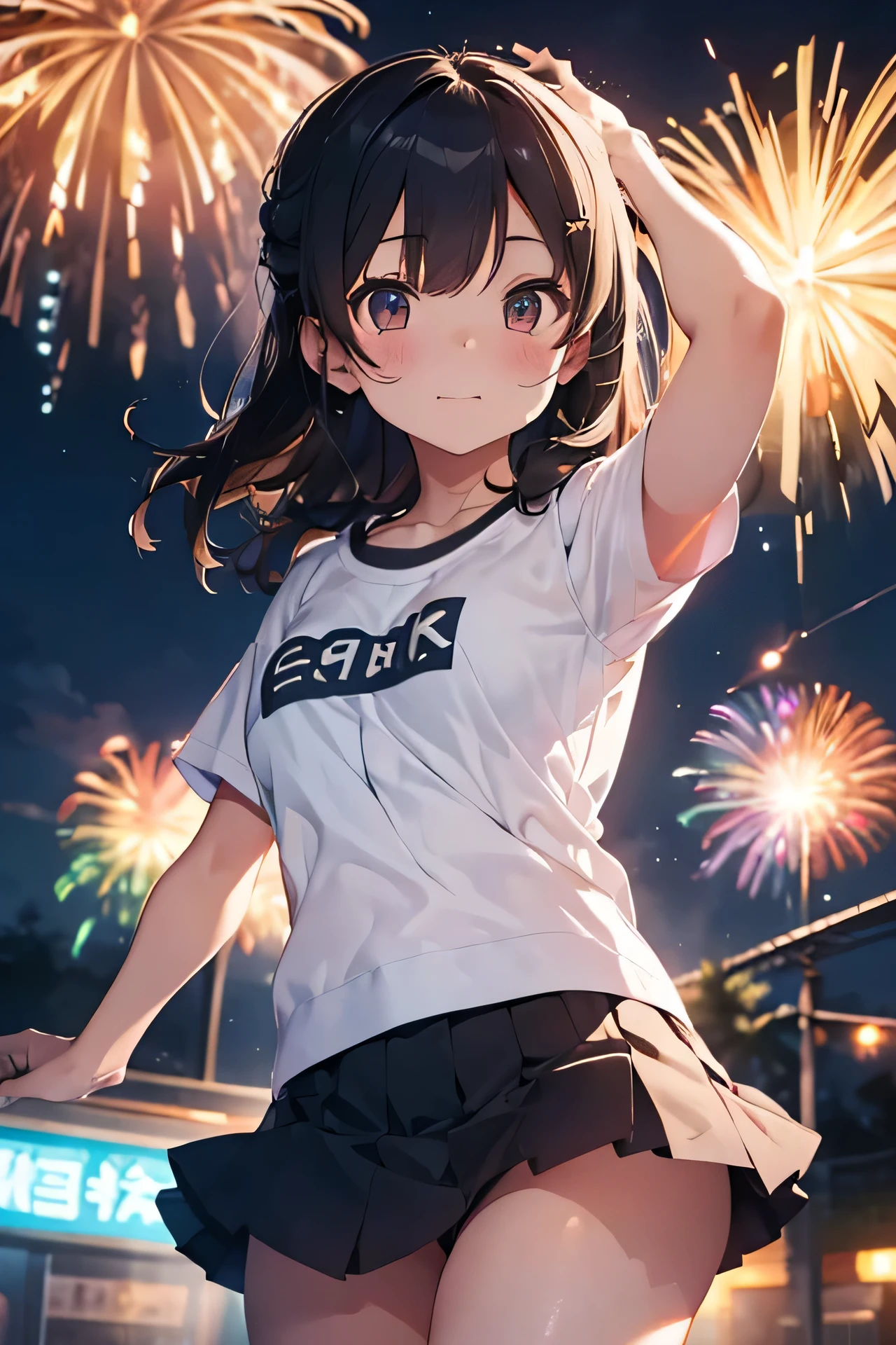 Cute girl in a mini skirt playing fireworks on a summer night。Top view。Sweaty T-shirt。Underwear is visible。