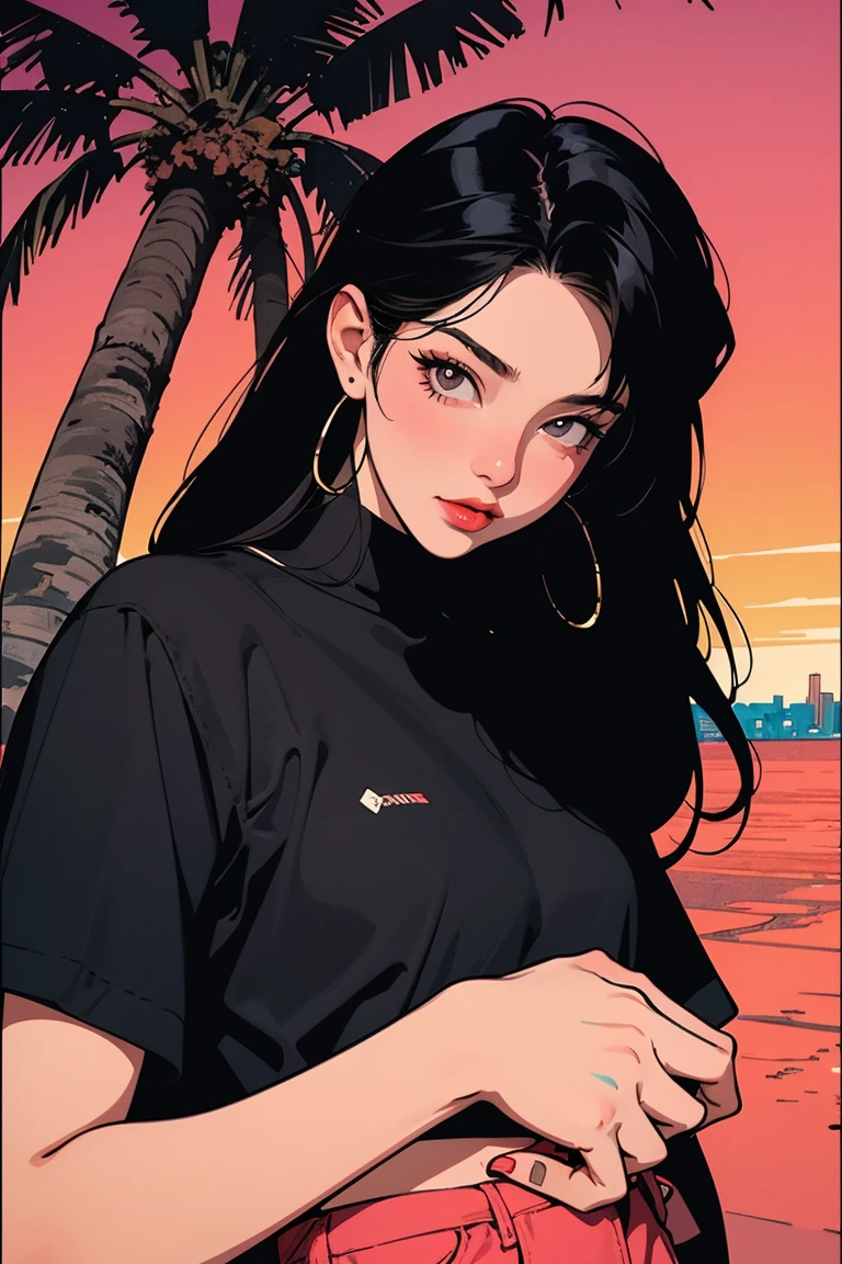 retro girl, Miami, sunset, Ferrari, palm tree, 90's, (flat colors, flat texture, lineart:1.2), graphical design, (heavy ink, ink blacks),