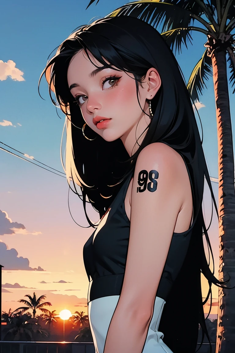 retro girl, Miami, sunset, Ferrari, palm tree, 90's, (flat colors, flat texture, lineart:1.2), graphical design, (heavy ink, ink blacks),