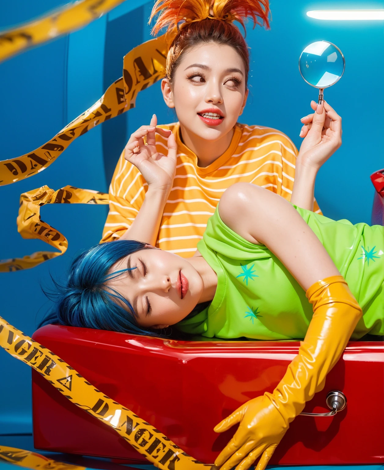 This image depicts a striking and colorful scene involving four characters. At the center, a woman with vibrant blue hair lies inside a red box with the words "R.I.P JOY" written on it. She is dressed in a vivid neon green dress paired with yellow gloves, her relaxed posture and closed eyes suggesting a peaceful or theatrical repose. Surrounding her are three other individuals in dynamic poses and bright outfits, adding layers of narrative or thematic contrast. The background features bold, saturated colors that enhance the visual impact of the scene, creating a surreal and stylized atmosphere. effectively conveying a sense of joy and creativity. аffects render, (glossy plastic texture with multiple big light probe refractions), perfect cgi, smooth silhouette, high intensity refraction, (super glossy plastic material), most beautiful vfx, , realistic, 4k, high resolution, rim light, smooth 3d model, multiple light sources, rim light, sharp post effects render,, realistic, 4k, high resolution, rim light detailed digital art, reflective, best quality, 4k, masterpiece:1.2, ultra-detailed, realistic, vivid colors, The image of the highest quality, ensuring every detail showcased perfectly. It in 4k resolution, allowing viewers to immerse themselves in the richness of the colors and intricate details. The realistic rendering. under the spotlight, reflecting, high-resolution image, realistic rendering