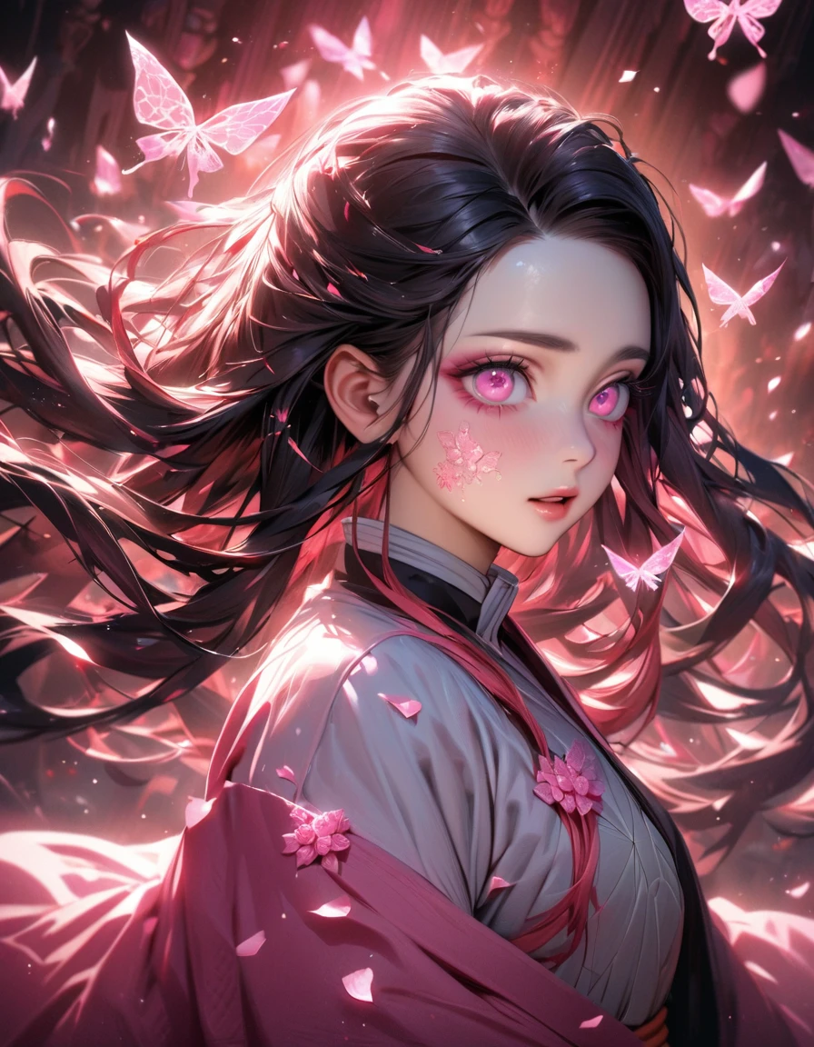absurdres, highres, ultra detailed, HDR, masterpiece, best quality, extremely detailed face and eyes, perfect face, realistic face, beautiful eyes, Nezuko Kamado, black hair, expressive pink eyes, Kimetsu No Yaiba, solo, woman, beautiful, pink ice butterflies, pink ice, pink ice roses, pink ice petals