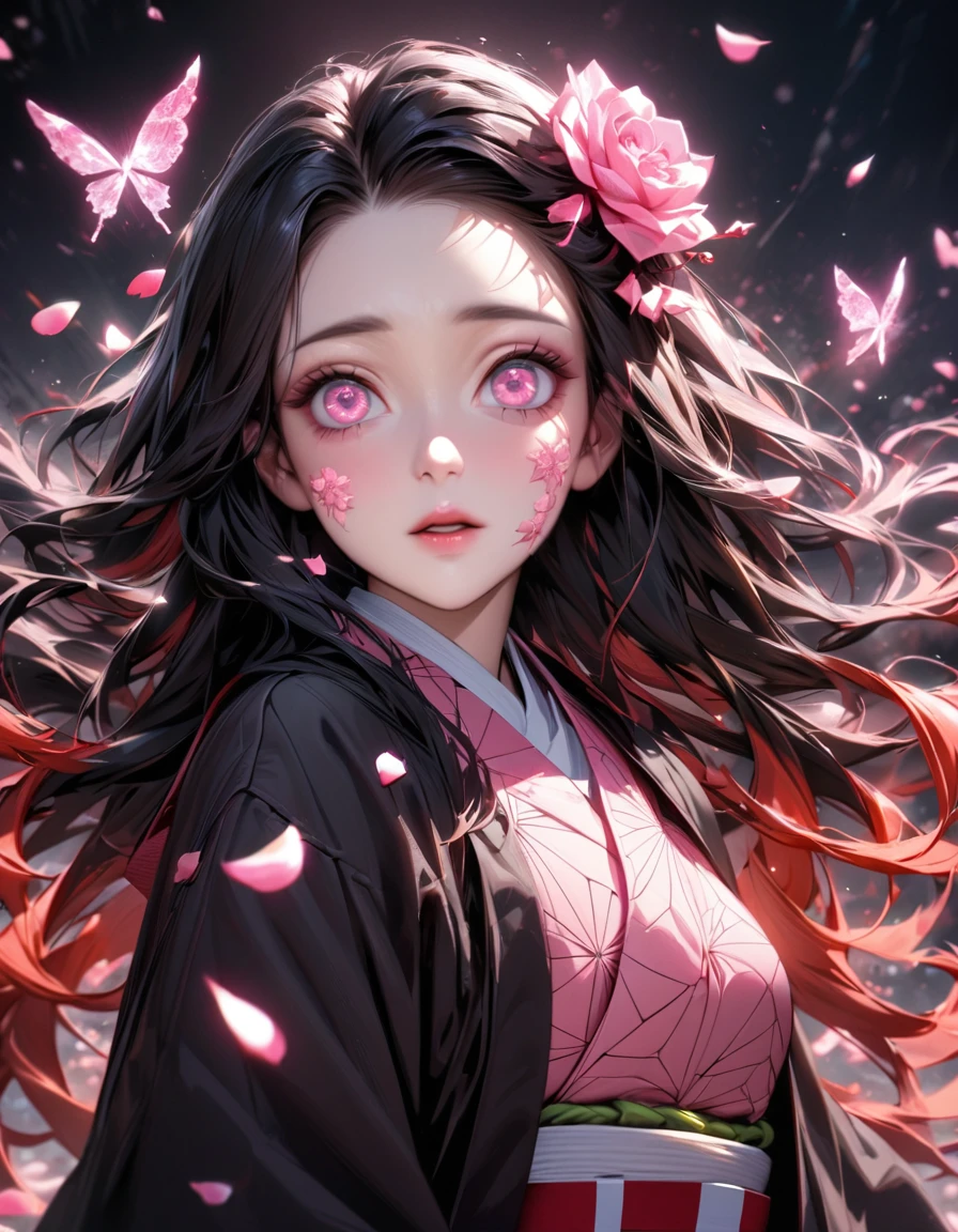 absurdres, highres, ultra detailed, HDR, masterpiece, best quality, extremely detailed face and eyes, perfect face, realistic face, beautiful eyes, Nezuko Kamado, black hair, expressive pink eyes, Kimetsu No Yaiba, solo, woman, beautiful, pink ice butterflies, pink ice, pink ice roses, pink ice petals