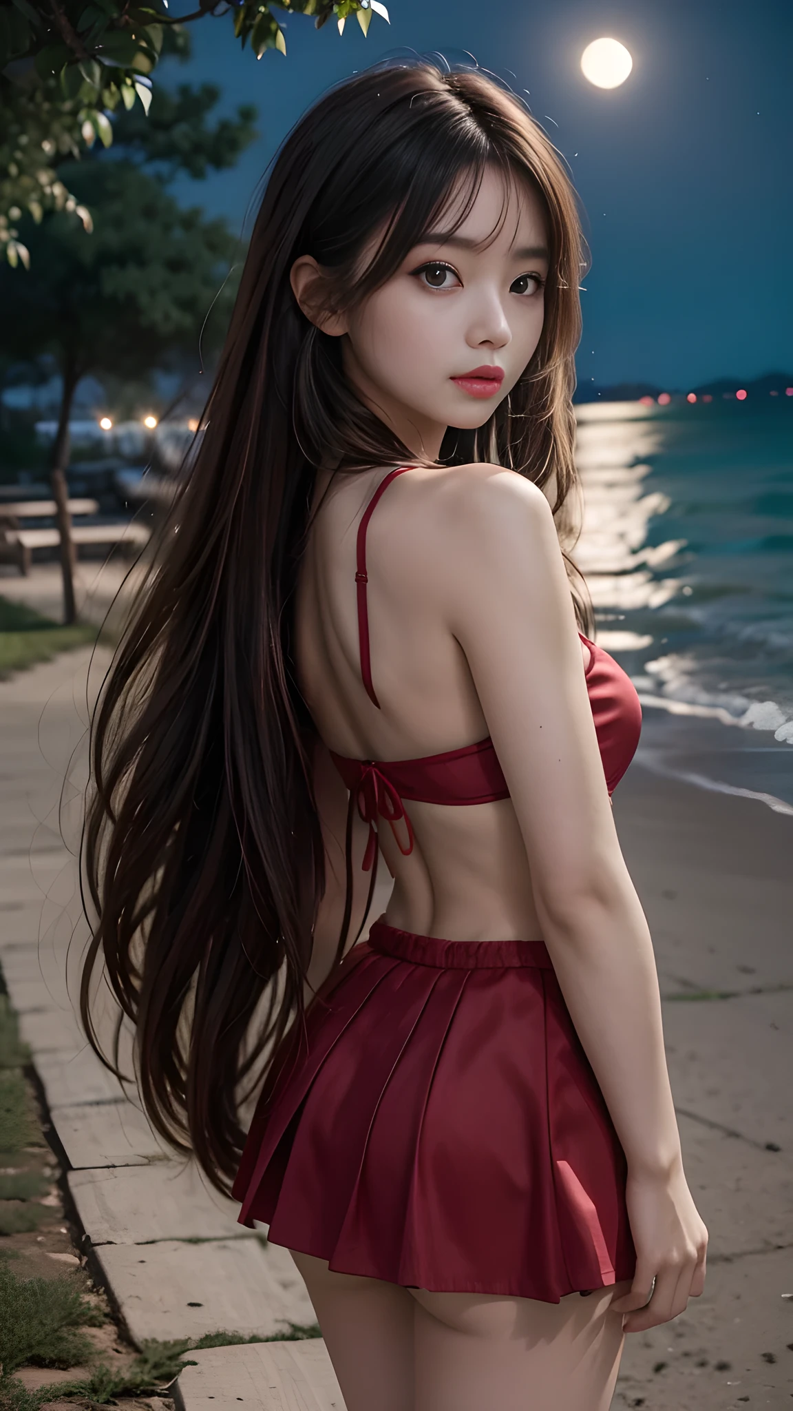 full hd 8k, Girl standing in front of a dark night scene, full moonlight reflecting on her beautiful face. ((from back)), Her long, silky hair was gently blown by the night wind, creating a gentle and romantic feeling. She is walking on a large beach. She looked up at the starry sky, as if searching for something, her eyes showing a pensive and lonely look. The full moon shines in the night sky creating a beautiful scene. The girl has long, strands of hair, a luxurious and noble beauty. The moonlight shines on the girl's delicate face, highlighting her large, round light brown eyes, creating a natural, gentle beauty. She wore a mini red skirt to create a sexy beauty. These images capture detailed panoramic portraits and views of the sky and sea. All create a beautiful, wonderful picture that makes people unable to take their eyes off the scene. All of these details are depicted clearly and sharply,
