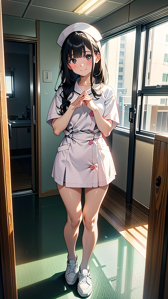 (8k, RAW Photos, 最high quality, masterpiece:1.2), high qualityのRAWカラー写真, Professional photo shoot, Cinematic Light, alone, (((young woman, Gal))), (Sharp features), (Small face), (Skin with attention to detail:1.2), clavicle, Cute Face, Beautiful appearance, Long eyelashes,Embarrassed, (Black Hair, Tied Hair), ((White Nurse,)), White sneakers,,Embarrassed, Artistic painting,Attractive thighs, (Very nice touch:1.2),A shy smile), Peaceful atmosphere, Oil painting style, Bright colors, (Are standing:1.5, Inside the hospital, Full body portrait), Smooth texture, Gazing Eyes, Beautiful Skin, Glowing Skin, ((Perfect Fingers, Five Fingers, Anatomically correct)), Background Blur, high quality, Surreal, ((Very detailed, photo shoot)),Many people々、blush、Plump、Tight fitting sexy nurse uniform、White Nurse服、nurse、mini skirt、Full Body Shot、hospital
